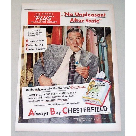 1951 Chesterfield Cigarette Color Tobacco Print Ad Celebrity Paul Douglas