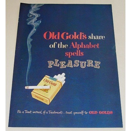 1948 Old Gold Cigarettes Color Print Ad - Alphabet Spells Pleasure