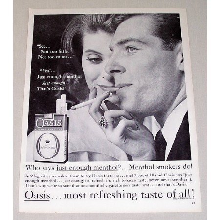 1960 Oasis Cigarettes Vintage Tobacco Print Ad - Just Enough Menthol
