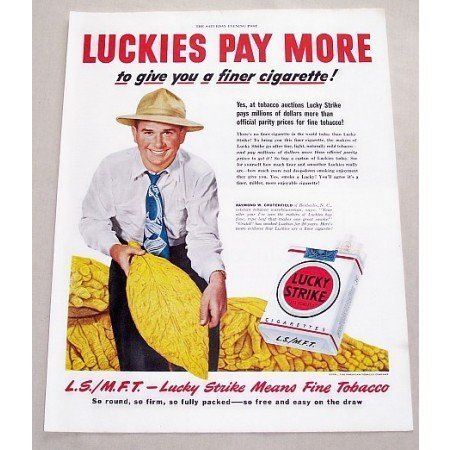 1949 Lucky Strike Cigarettes Color Tobacco Print Ad - Pay More