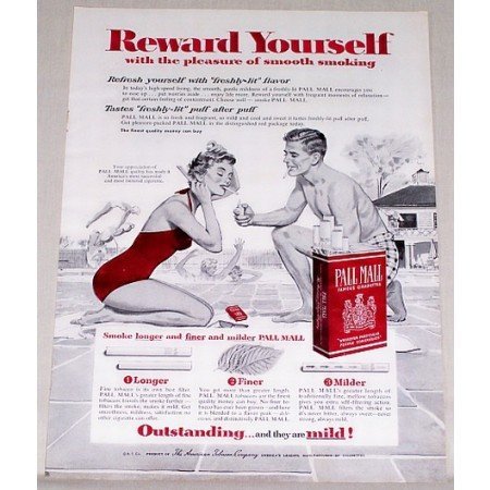 1955 Pall Mall Cigarettes Color Tobacco Print Ad - Swimming