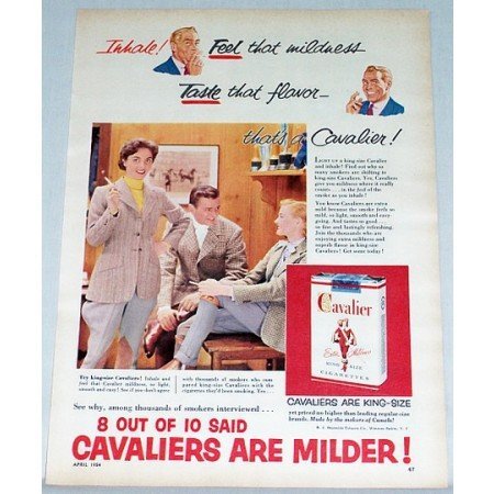 1954 Cavalier Cigarettes Color Tobacco Print Ad - Feel That Mildness