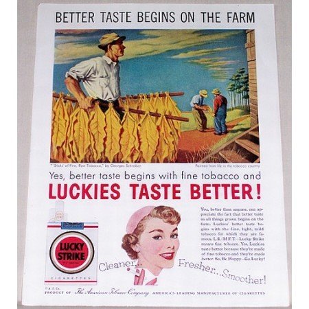 1954 Lucky Strike Cigarettes Tobacco Farmer Art Color Print Ad