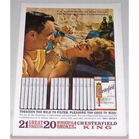 1962 Chesterfield Cigarettes Color Tobacco Print Ad - Too Mild