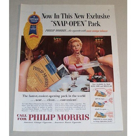 1954 Philip Morris Cigarettes Color Tobacco Print Ad - Snap Open Pack