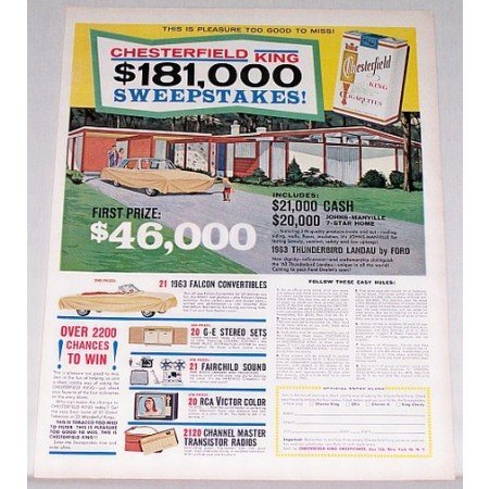 1962 Chesterfield Cigarettes Home Sweepstakes Offer Color Print Ad
