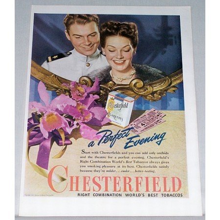 1945 Chesterfield Cigarettes Vintage Tobacco Print Ad - Perfect Evening