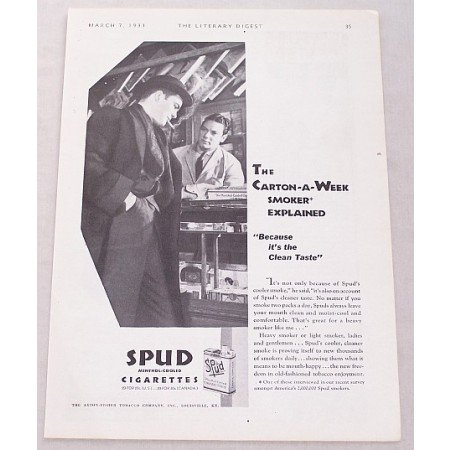 1931 Spud Cigarettes Vintage Tobacco Print Ad - Carton-A-Week