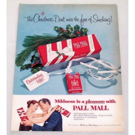 1956 Pall Mall Cigarettes Color Christmas Tobacco Print Ad