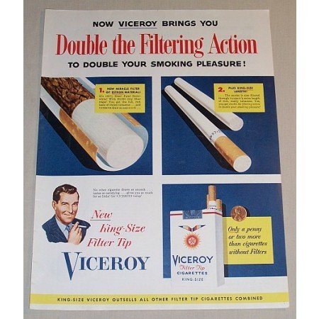 1954 Viceroy Cigarettes Color Tobacco Print Ad - Double The Filtering