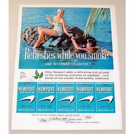 1960 Newport Cigarettes Scuba Diving Color Tobacco Print Ad