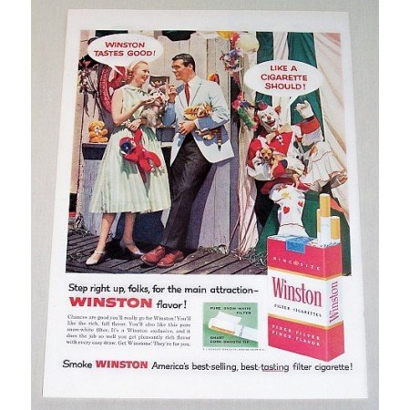 1957 Winston Cigarettes Circus Carnival Clown Color Tobacco Print Ad