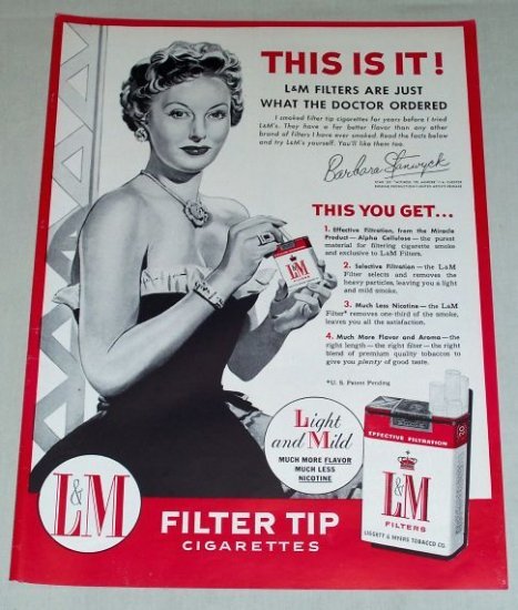 1954 L&M Cigarettes Vintage Tobacco Print Art Ad Celebrity Barbara Stanwyck