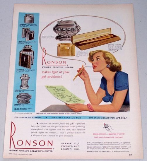 1949 Ronson Pocket Table Cigarette Lighters Color Print Ad