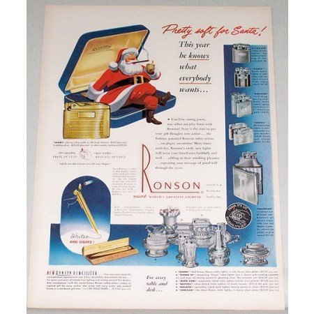 1948 Ronson Lighters Color Print Ad - Pretty Soft For Santa