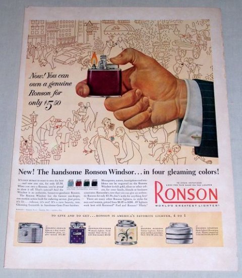 1953 Ronson Windsor Cigarette Cigar Lighter Color Print Ad