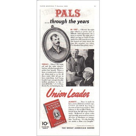 1938 Union Leader Pipe Tobacco Color Print Ad - Pals