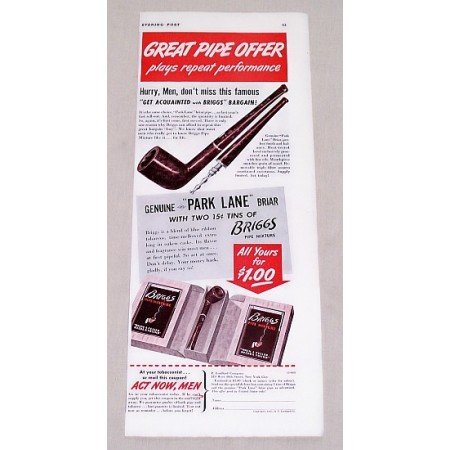 1940 Briggs Tobacco Park Lane Briar Pipe Offer Vintage Print Ad