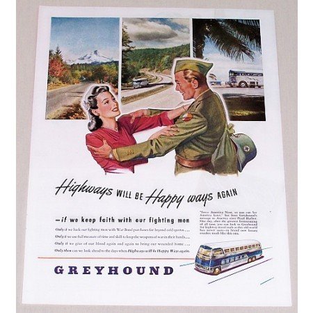 1945 Greyhound Bus Lines Color Wartime Color Print Ad - Happy Ways