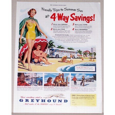 1951 Greyhound Lines Bus Color Print Ad - 4-Way Savings