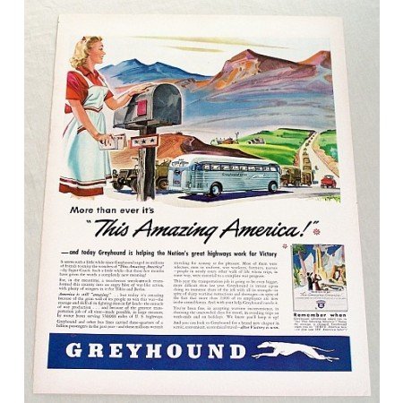 1943 Greyhound Bus Lines Color Mountain Scenery Art Print Ad - Amazing America