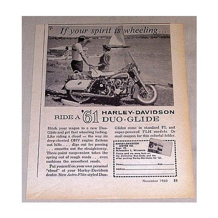1960 Vintage Print Ad 1961 Harley Davidson Duo Glide Motorcycle