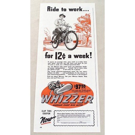 1947 Whizzer Bike Motor Color Print Ad - Ride To Work..