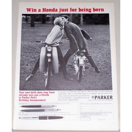 1965 Parker Pens Vintage Print Ad with Honda C-110 CA-102 Motorcycles
