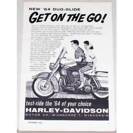 1963 Vintage Print Ad for 1964 Harley Davidson Duo-Glide Motorcycle
