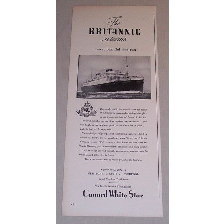 1948 Cunard White Star Britannic Ocean Cruiser Vintage Print Ad