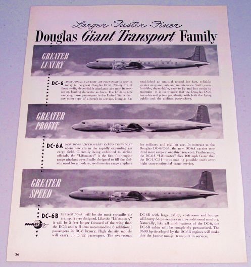 1949 Douglas Giant Transport Aircraft DC-6 DC-6A DC-6B Plane Vintage Print Ad