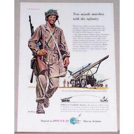 1955 Douglas Aviation Honest John Artillery Rocket Wartime Military Color Print Ad