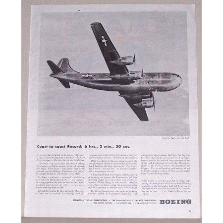 1945 Boeing C-97 Army Transport Plane Vintage Print Ad - Coast Record
