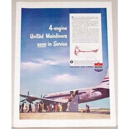1946 United Air Lines Mainliner Plane Color Print Ad