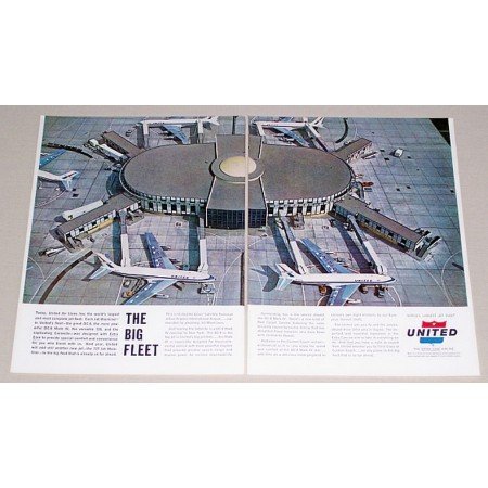 1962 United Airlines Airport 2 Page Color Print Ad - The Big Fleet
