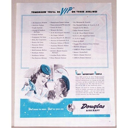 1944 Douglas Aircraft Vintage Print Ad - VIP On These Airlines