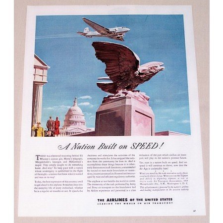 1945 Airlines Of The United States Color Print Ad - A Nation Built On Speed