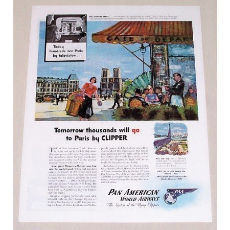 1945 Pan American Airways Color Print Art Ad - Paris By Clipper