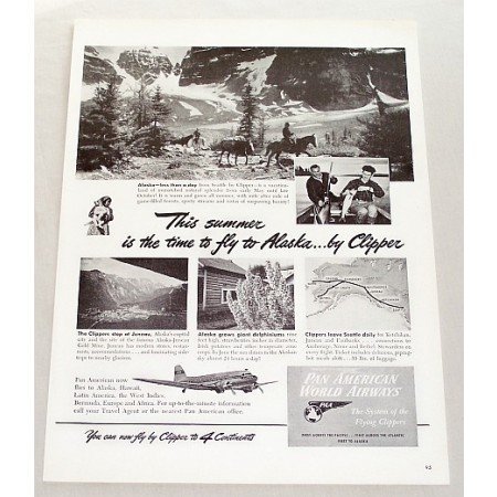 1947 Pan American Airways Vintage Print Ad - Fly To Alaska By Clipper
