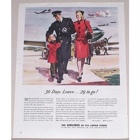 1945 Airlines Of The United States Color Print Art Ad - 30 Days Leave