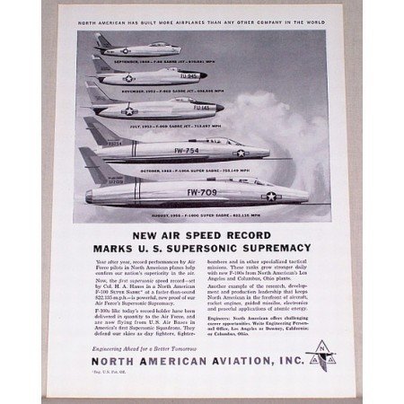 1955 North American Aviation Vintage Print Ad - Speed Record - 5 Jets