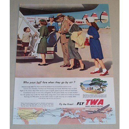 1954 TWA Airlines Color Print Ad - Who Pays Half Fare