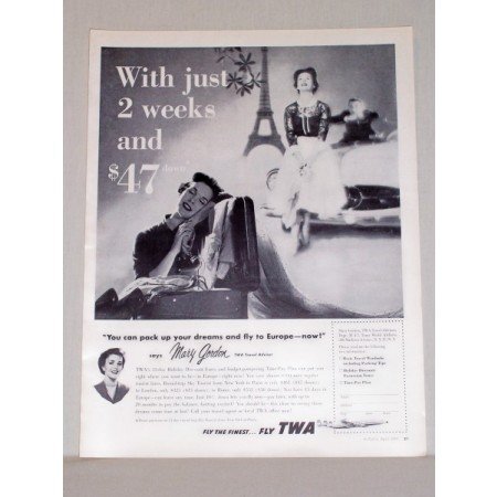1957 TWA Airlines Vintage Print Ad - Pack Up Your Dreams - Europe