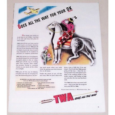 1944 TWA Airlines Indian Horse Art Color Print Ad - Goes All The Way