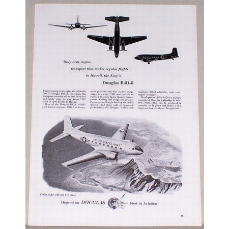 1953 Douglas R4D-8 Twin Engine Transport Plane Vintage Print Ad