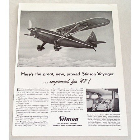 1947 Stinson Voyager Aircraft Vintage Print Ad - Flying Station Wagon