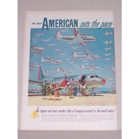 1950 American Airlines 2 Page Color Print Art Ad - Flagship Fleet