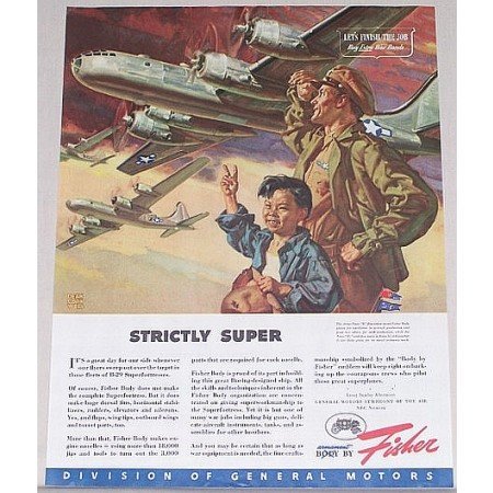 1945 Fisher Wartime B-29 SUPERFORTRESS Aircraft Cornwell Art Color Print Ad