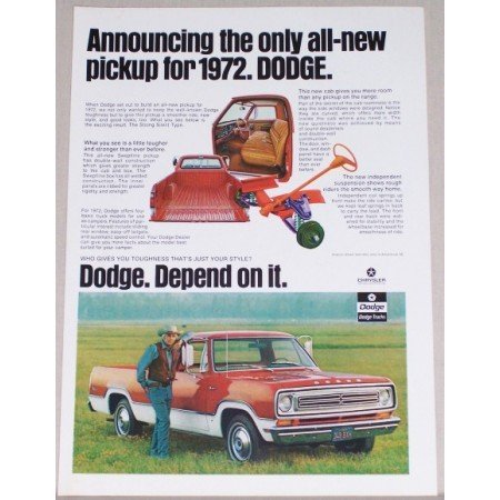 1972 Dodge Pickup Truck Color Print Ad - Depend On It