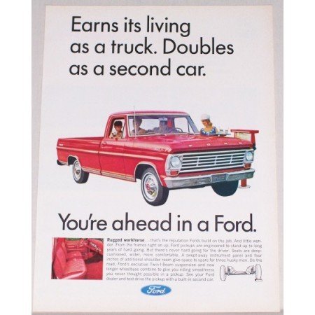 1967 Ford 100 Ranger Pickup Truck Color Print Ad - Earns Its Living